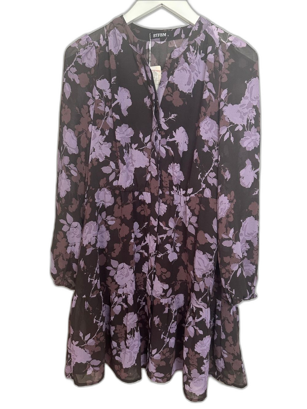 Lavender Floral Black Long-Sleeve Dress size S NWT